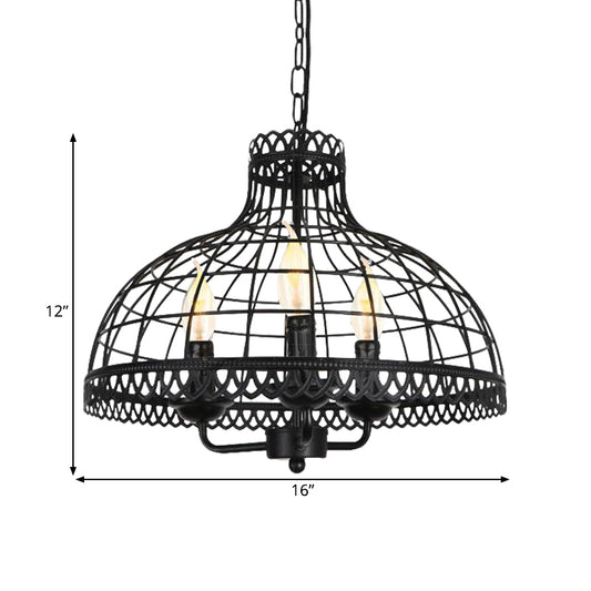 Metallic Dome Cage Shade Ceiling Lamp Industrial Retro 3 Heads Farmhouse Candle Ceiling Fixture in Black Clearhalo 'Cast Iron' 'Ceiling Lights' 'Chandeliers' 'Industrial Chandeliers' 'Industrial' 'Metal' 'Middle Century Chandeliers' 'Rustic Chandeliers' 'Tiffany' Lighting' 1400648