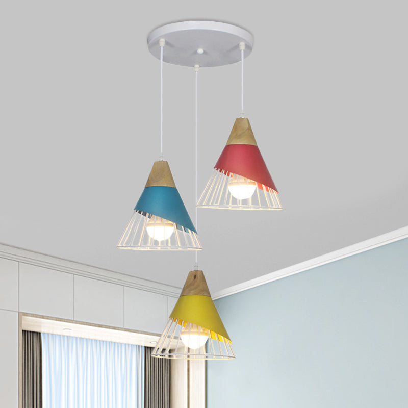 Black/Green Cone Pendant Lamp Industrial Metal 3 Heads Living Room Hanging Ceiling Light with Wire Frame and Linear/Round Canopy Blue Round Clearhalo 'Ceiling Lights' 'Modern Pendants' 'Modern' 'Pendant Lights' 'Pendants' Lighting' 1400702