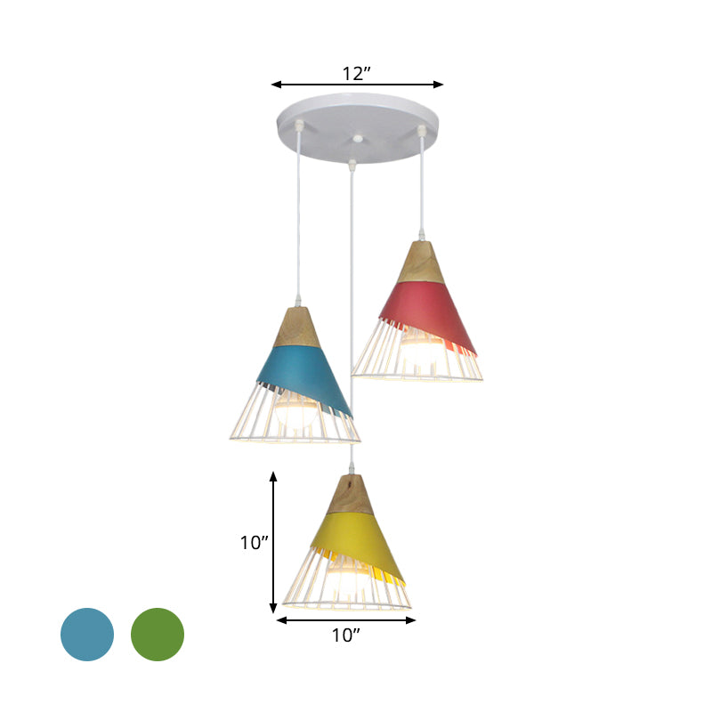 Black/Green Cone Pendant Lamp Industrial Metal 3 Heads Living Room Hanging Ceiling Light with Wire Frame and Linear/Round Canopy Clearhalo 'Ceiling Lights' 'Modern Pendants' 'Modern' 'Pendant Lights' 'Pendants' Lighting' 1400706