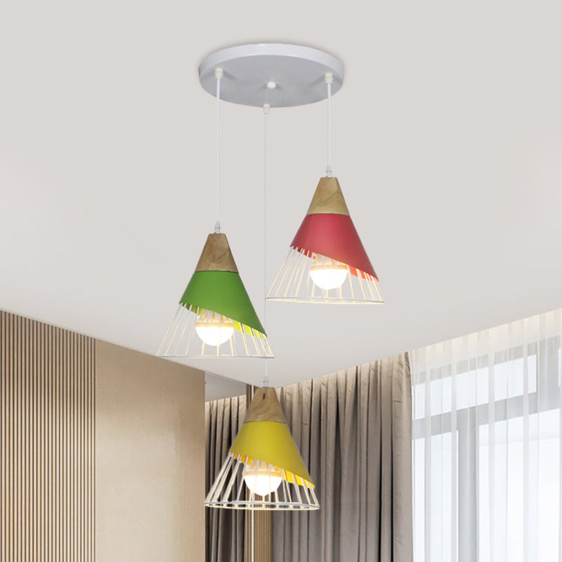 Black/Green Cone Pendant Lamp Industrial Metal 3 Heads Living Room Hanging Ceiling Light with Wire Frame and Linear/Round Canopy Green Round Clearhalo 'Ceiling Lights' 'Modern Pendants' 'Modern' 'Pendant Lights' 'Pendants' Lighting' 1400707