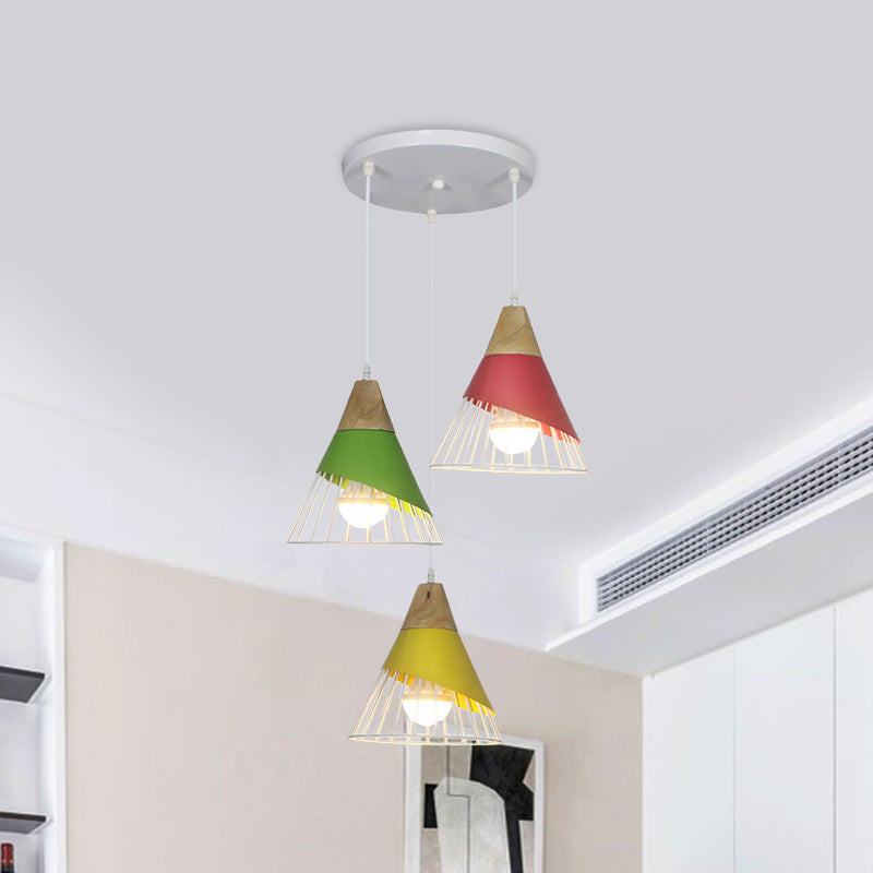 Black/Green Cone Pendant Lamp Industrial Metal 3 Heads Living Room Hanging Ceiling Light with Wire Frame and Linear/Round Canopy Clearhalo 'Ceiling Lights' 'Modern Pendants' 'Modern' 'Pendant Lights' 'Pendants' Lighting' 1400708