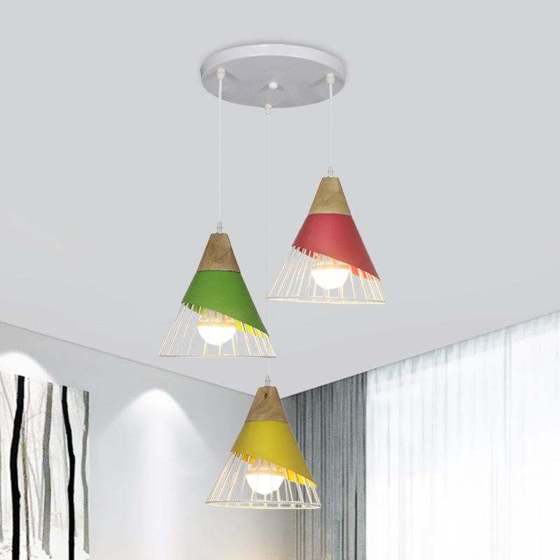 Black/Green Cone Pendant Lamp Industrial Metal 3 Heads Living Room Hanging Ceiling Light with Wire Frame and Linear/Round Canopy Clearhalo 'Ceiling Lights' 'Modern Pendants' 'Modern' 'Pendant Lights' 'Pendants' Lighting' 1400709