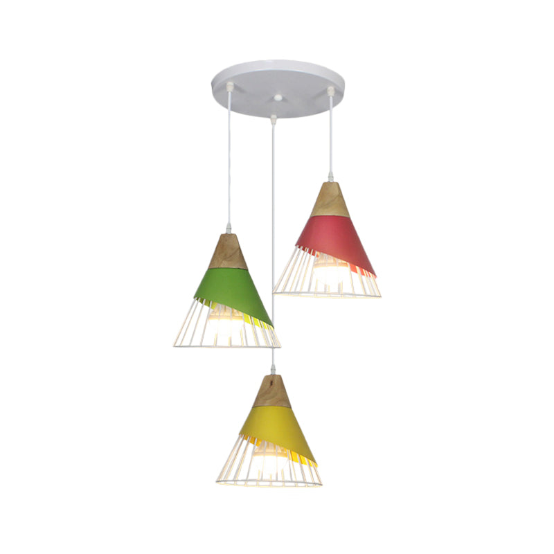 Black/Green Cone Pendant Lamp Industrial Metal 3 Heads Living Room Hanging Ceiling Light with Wire Frame and Linear/Round Canopy Clearhalo 'Ceiling Lights' 'Modern Pendants' 'Modern' 'Pendant Lights' 'Pendants' Lighting' 1400710