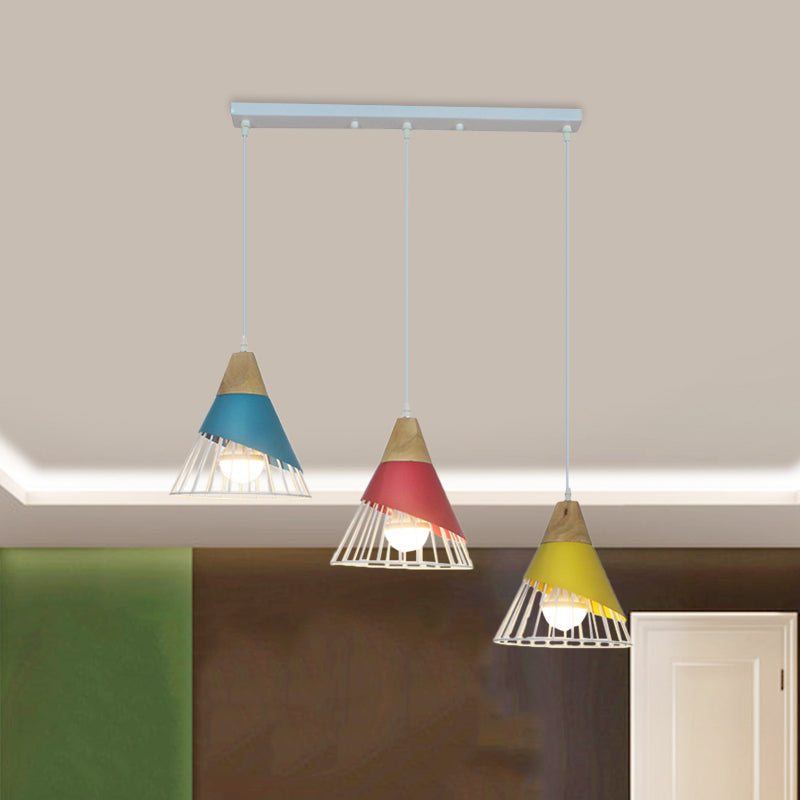 Black/Green Cone Pendant Lamp Industrial Metal 3 Heads Living Room Hanging Ceiling Light with Wire Frame and Linear/Round Canopy Blue Linear Clearhalo 'Ceiling Lights' 'Modern Pendants' 'Modern' 'Pendant Lights' 'Pendants' Lighting' 1400712