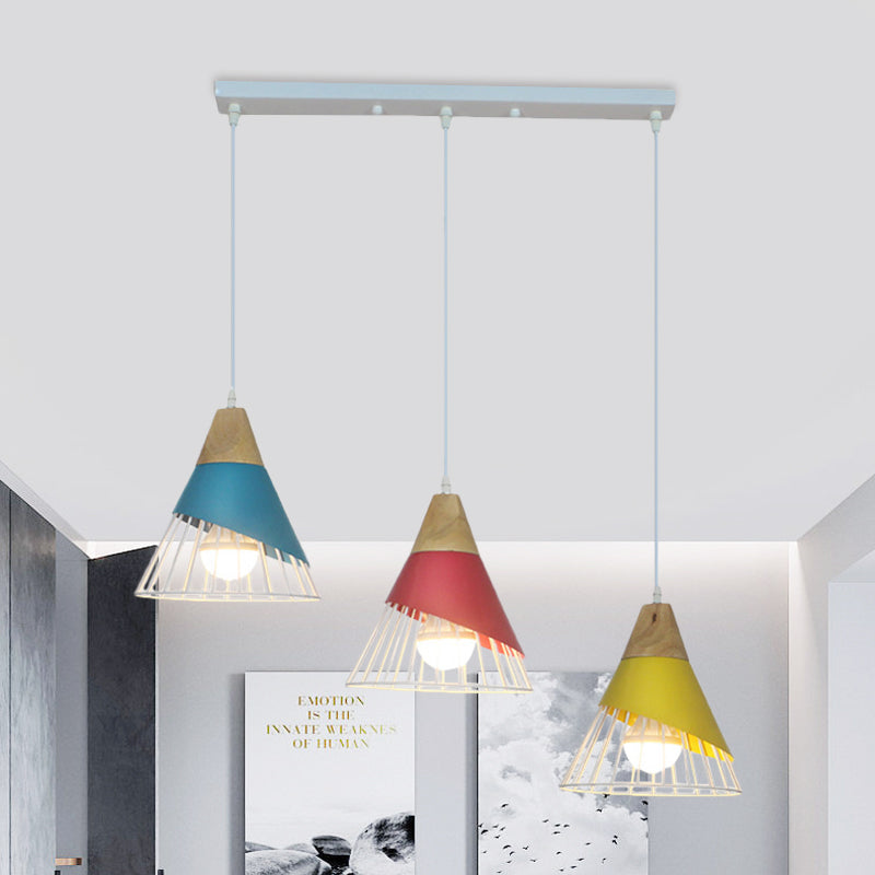 Black/Green Cone Pendant Lamp Industrial Metal 3 Heads Living Room Hanging Ceiling Light with Wire Frame and Linear/Round Canopy Clearhalo 'Ceiling Lights' 'Modern Pendants' 'Modern' 'Pendant Lights' 'Pendants' Lighting' 1400713