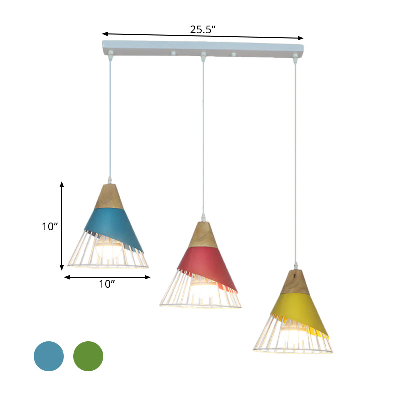 Black/Green Cone Pendant Lamp Industrial Metal 3 Heads Living Room Hanging Ceiling Light with Wire Frame and Linear/Round Canopy Clearhalo 'Ceiling Lights' 'Modern Pendants' 'Modern' 'Pendant Lights' 'Pendants' Lighting' 1400715