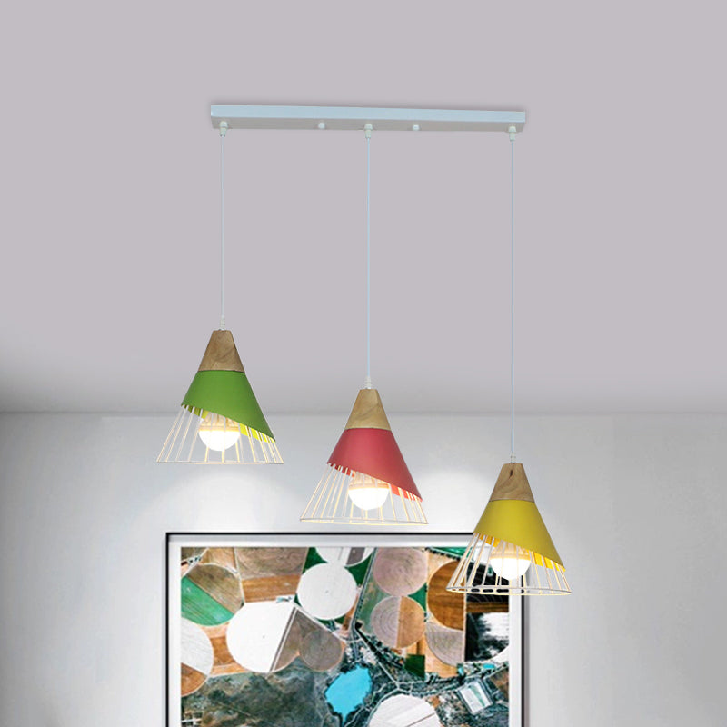 Black/Green Cone Pendant Lamp Industrial Metal 3 Heads Living Room Hanging Ceiling Light with Wire Frame and Linear/Round Canopy Green Linear Clearhalo 'Ceiling Lights' 'Modern Pendants' 'Modern' 'Pendant Lights' 'Pendants' Lighting' 1400717