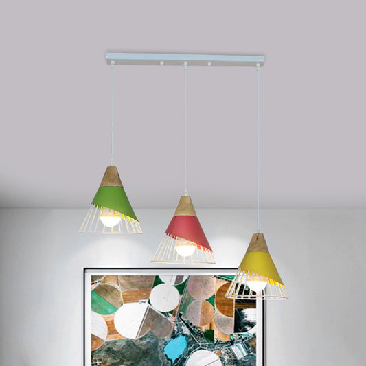 Black/Green Cone Pendant Lamp Industrial Metal 3 Heads Living Room Hanging Ceiling Light with Wire Frame and Linear/Round Canopy Green Linear Clearhalo 'Ceiling Lights' 'Modern Pendants' 'Modern' 'Pendant Lights' 'Pendants' Lighting' 1400717