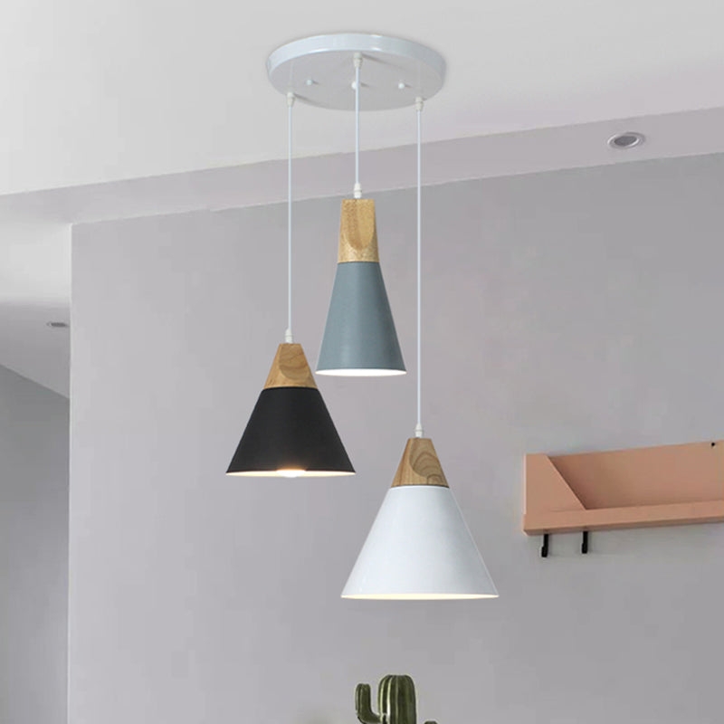 Tapered Indoor Pendant Lighting Nordic Style Metal and Wood 3 Bulbs Multi Colored Hanging Fixture, Linear/Round Canopy Black Gray-White Round Clearhalo 'Ceiling Lights' 'Modern Pendants' 'Modern' 'Pendant Lights' 'Pendants' Lighting' 1400720