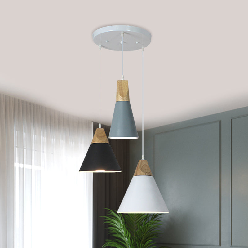 Tapered Indoor Pendant Lighting Nordic Style Metal and Wood 3 Bulbs Multi Colored Hanging Fixture, Linear/Round Canopy Clearhalo 'Ceiling Lights' 'Modern Pendants' 'Modern' 'Pendant Lights' 'Pendants' Lighting' 1400721