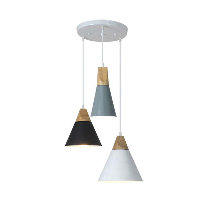 Tapered Indoor Pendant Lighting Nordic Style Metal and Wood 3 Bulbs Multi Colored Hanging Fixture, Linear/Round Canopy Clearhalo 'Ceiling Lights' 'Modern Pendants' 'Modern' 'Pendant Lights' 'Pendants' Lighting' 1400723