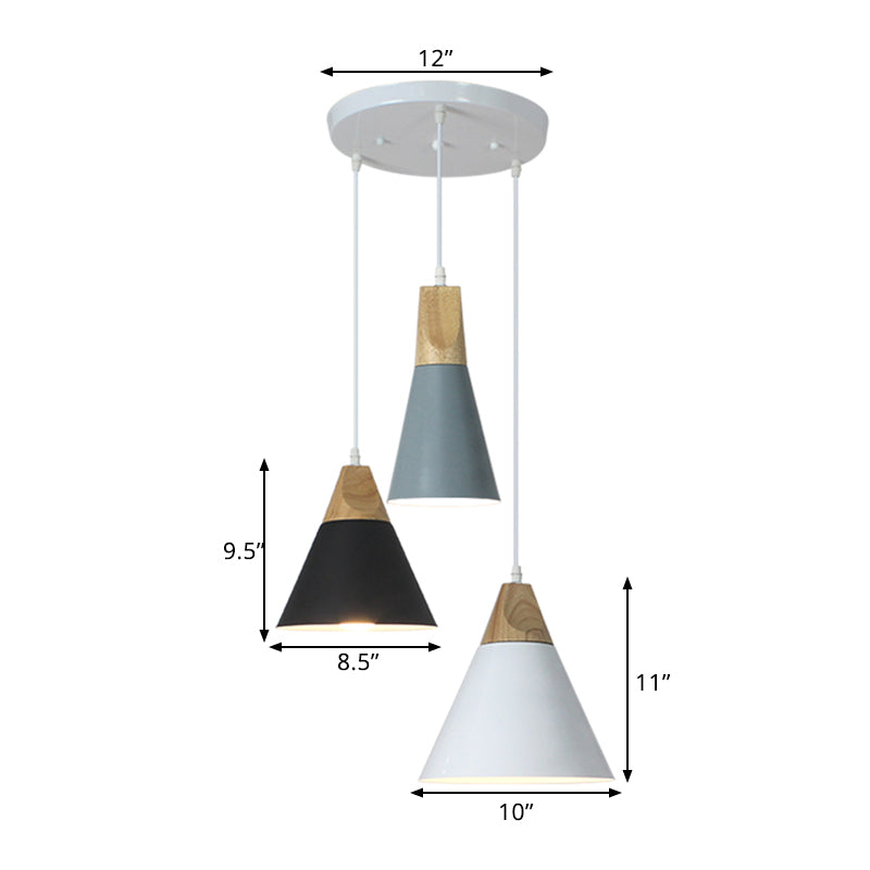 Tapered Indoor Pendant Lighting Nordic Style Metal and Wood 3 Bulbs Multi Colored Hanging Fixture, Linear/Round Canopy Clearhalo 'Ceiling Lights' 'Modern Pendants' 'Modern' 'Pendant Lights' 'Pendants' Lighting' 1400724