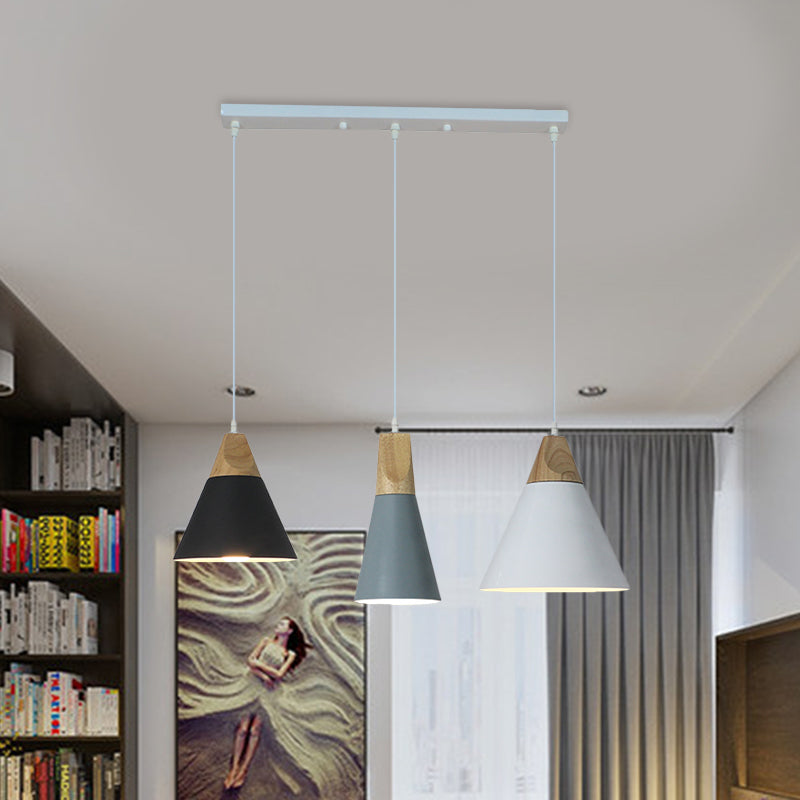 Tapered Indoor Pendant Lighting Nordic Style Metal and Wood 3 Bulbs Multi Colored Hanging Fixture, Linear/Round Canopy Clearhalo 'Ceiling Lights' 'Modern Pendants' 'Modern' 'Pendant Lights' 'Pendants' Lighting' 1400726