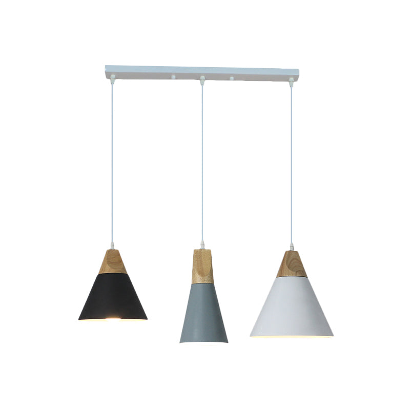 Tapered Indoor Pendant Lighting Nordic Style Metal and Wood 3 Bulbs Multi Colored Hanging Fixture, Linear/Round Canopy Clearhalo 'Ceiling Lights' 'Modern Pendants' 'Modern' 'Pendant Lights' 'Pendants' Lighting' 1400727