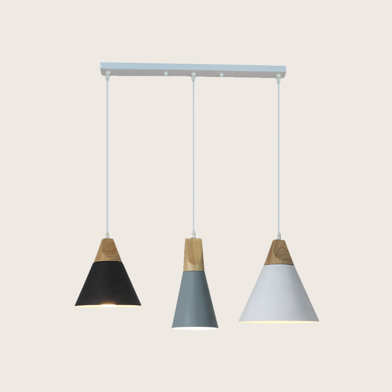 Tapered Indoor Pendant Lighting Nordic Style Metal and Wood 3 Bulbs Multi Colored Hanging Fixture, Linear/Round Canopy Clearhalo 'Ceiling Lights' 'Modern Pendants' 'Modern' 'Pendant Lights' 'Pendants' Lighting' 1400728