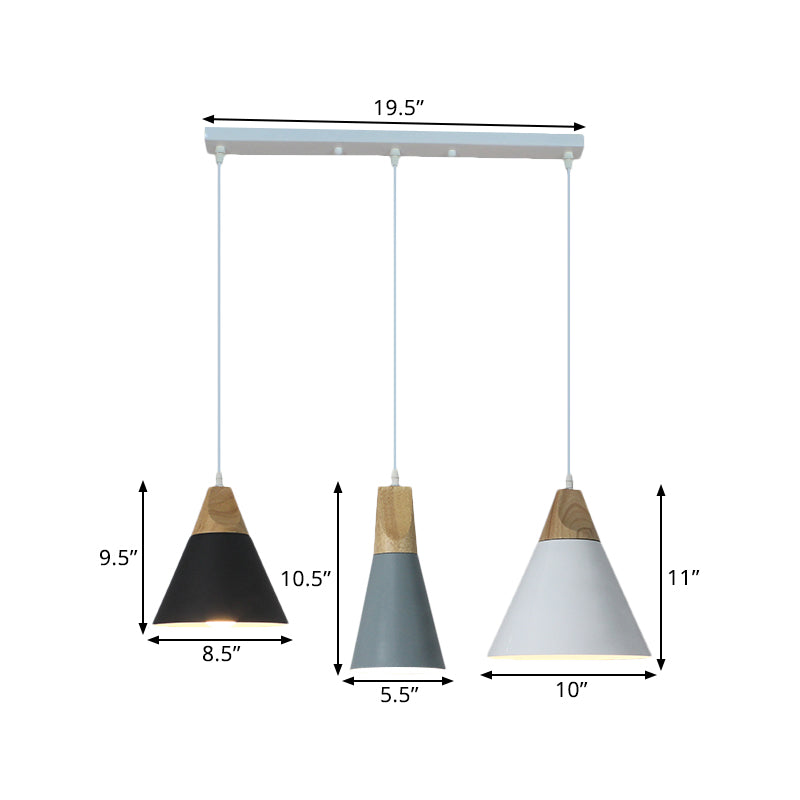 Tapered Indoor Pendant Lighting Nordic Style Metal and Wood 3 Bulbs Multi Colored Hanging Fixture, Linear/Round Canopy Clearhalo 'Ceiling Lights' 'Modern Pendants' 'Modern' 'Pendant Lights' 'Pendants' Lighting' 1400729