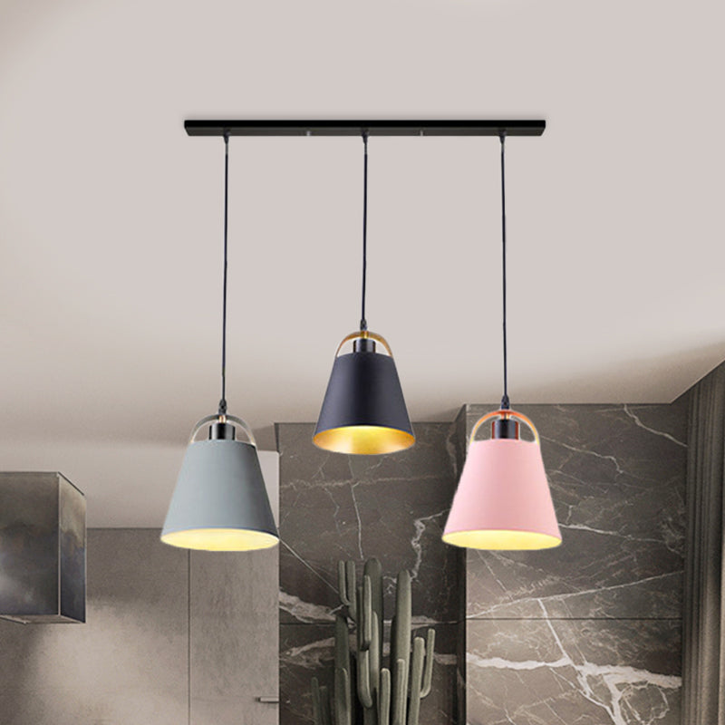 Gray/Blue Bucket Ceiling Light Contemporary Style Metallic 3 Bulbs Living Room Pendant Light Fixture Clearhalo 'Ceiling Lights' 'Modern Pendants' 'Modern' 'Pendant Lights' 'Pendants' Lighting' 1400731