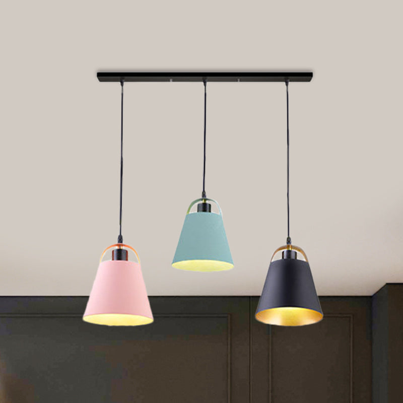 Gray/Blue Bucket Ceiling Light Contemporary Style Metallic 3 Bulbs Living Room Pendant Light Fixture Blue Clearhalo 'Ceiling Lights' 'Modern Pendants' 'Modern' 'Pendant Lights' 'Pendants' Lighting' 1400735