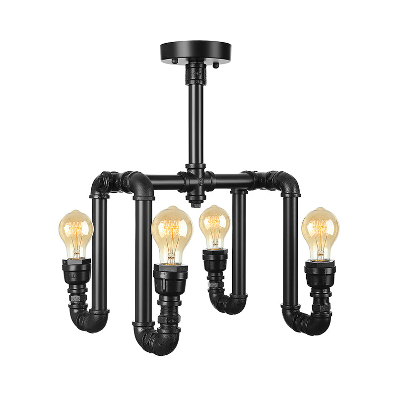 Matte Black 4 Lights Ceiling Flush Mount Industrial Metallic Water Pipe Semi-Flush Mount Lighting Clearhalo 'Ceiling Lights' 'Close To Ceiling Lights' 'Close to ceiling' 'Semi-flushmount' Lighting' 140087