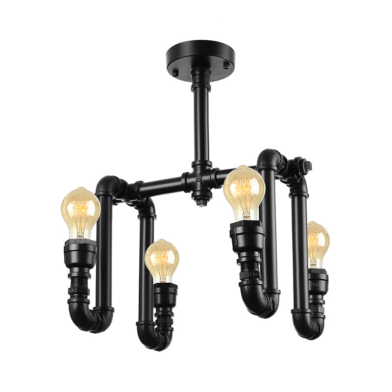 Matte Black 4 Lights Ceiling Flush Mount Industrial Metallic Water Pipe Semi-Flush Mount Lighting Clearhalo 'Ceiling Lights' 'Close To Ceiling Lights' 'Close to ceiling' 'Semi-flushmount' Lighting' 140088