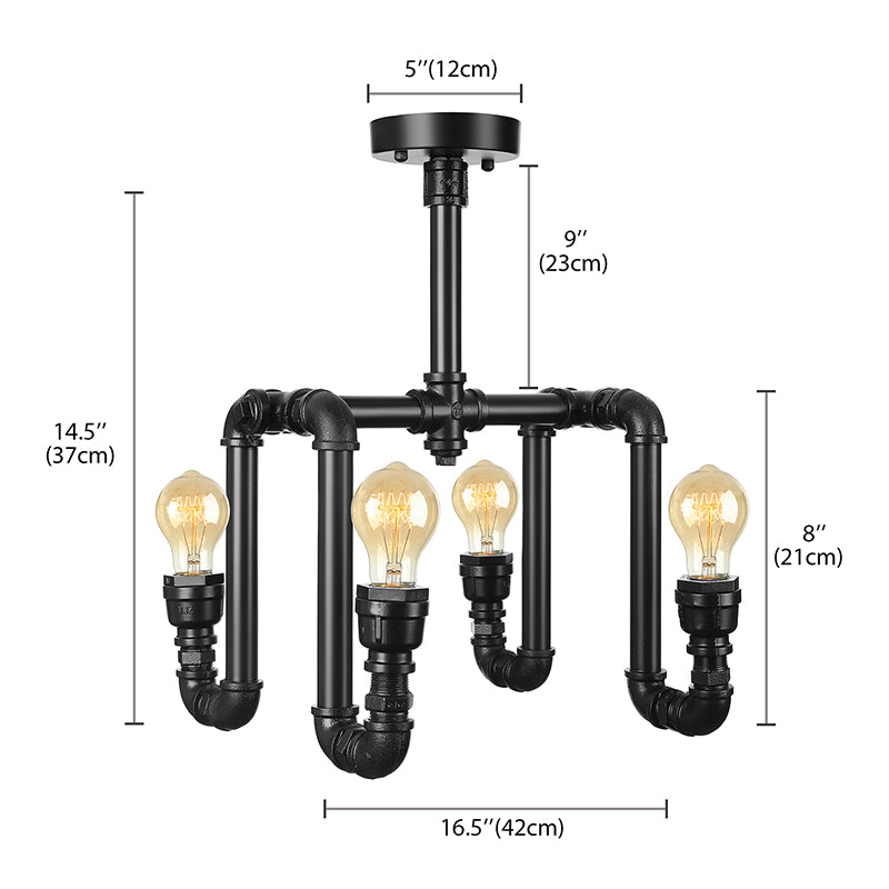 Matte Black 4 Lights Ceiling Flush Mount Industrial Metallic Water Pipe Semi-Flush Mount Lighting Clearhalo 'Ceiling Lights' 'Close To Ceiling Lights' 'Close to ceiling' 'Semi-flushmount' Lighting' 140089