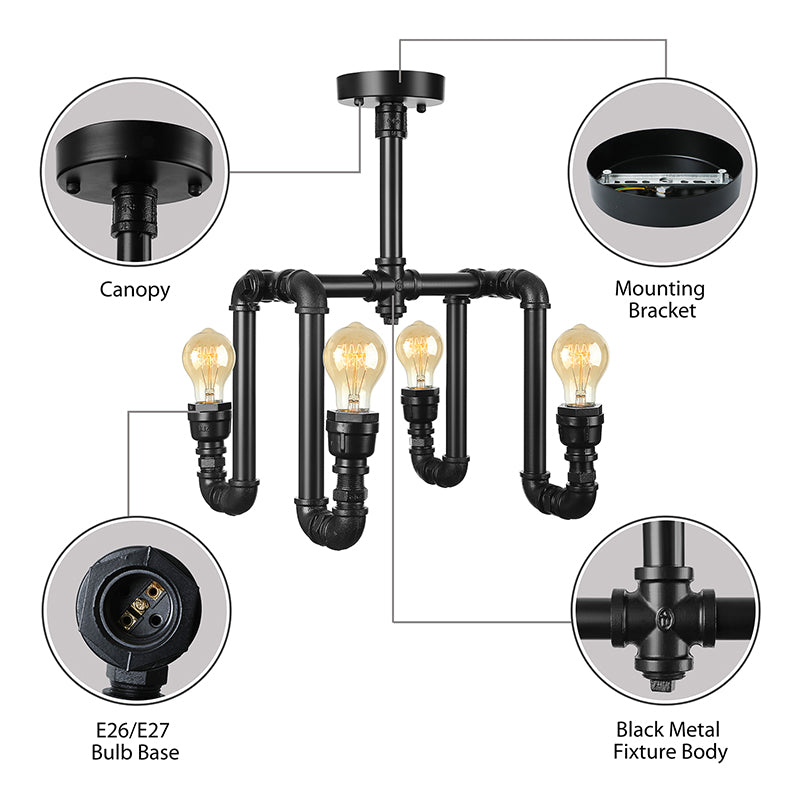 Matte Black 4 Lights Ceiling Flush Mount Industrial Metallic Water Pipe Semi-Flush Mount Lighting Clearhalo 'Ceiling Lights' 'Close To Ceiling Lights' 'Close to ceiling' 'Semi-flushmount' Lighting' 140090