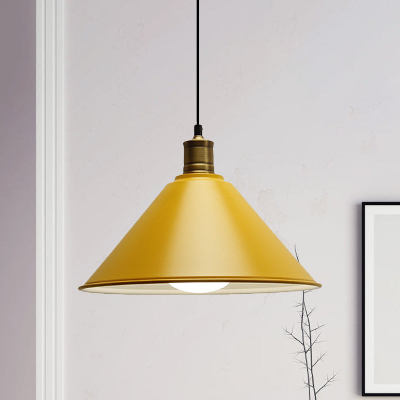 Conical Metal Ceiling Pendant Light Modernist 1 Head Dining Room Ceiling Fixture in Orange and Yellow/Yellow, 12"/14" Width Yellow Clearhalo 'Ceiling Lights' 'Modern Pendants' 'Modern' 'Pendant Lights' 'Pendants' Lighting' 1400913