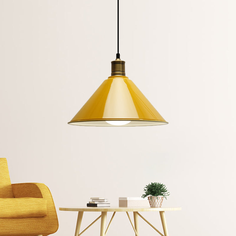 Conical Metal Ceiling Pendant Light Modernist 1 Head Dining Room Ceiling Fixture in Orange and Yellow/Yellow, 12"/14" Width Clearhalo 'Ceiling Lights' 'Modern Pendants' 'Modern' 'Pendant Lights' 'Pendants' Lighting' 1400922