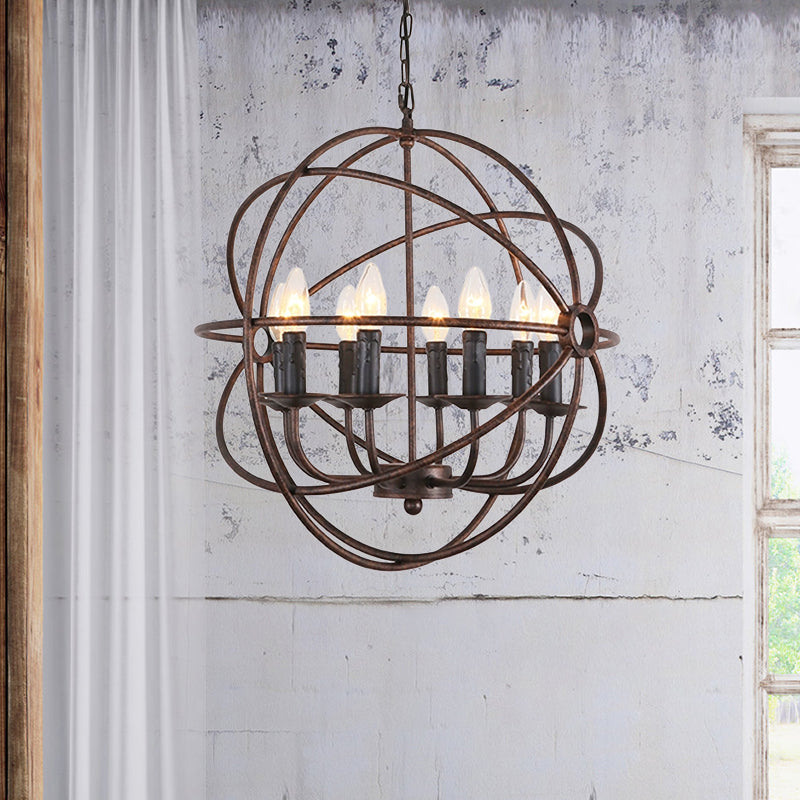 Dark Rust Orb Cage Suspension Light with Candle Design Rustic Stylish Wrought Iron 8 Heads Indoor Chandelier Lamp Clearhalo 'Ceiling Lights' 'Chandeliers' Lighting' options 1400963