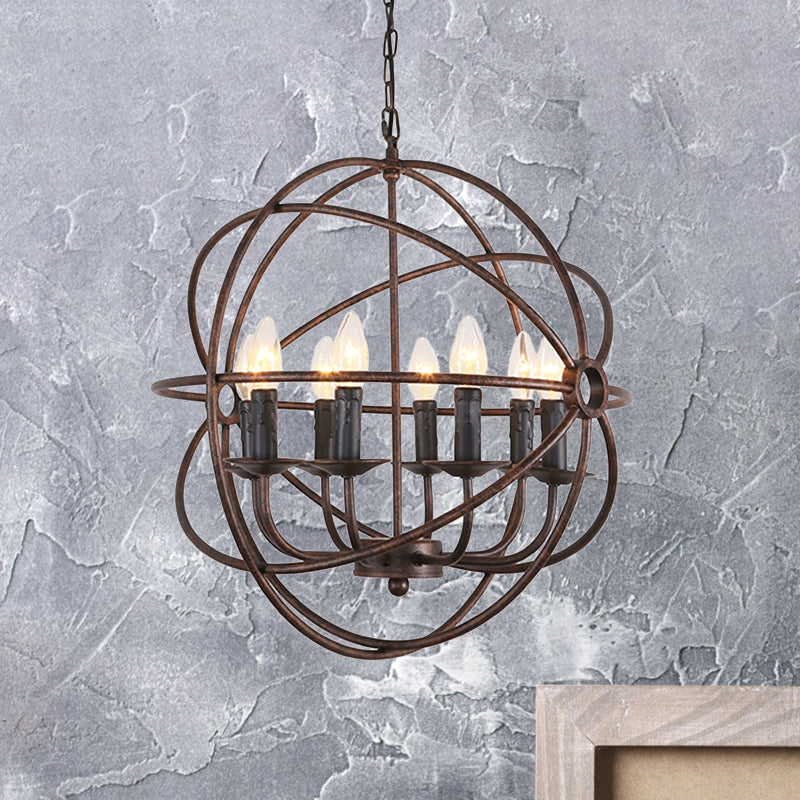 Dark Rust Orb Cage Suspension Light with Candle Design Rustic Stylish Wrought Iron 8 Heads Indoor Chandelier Lamp Clearhalo 'Ceiling Lights' 'Chandeliers' Lighting' options 1400964