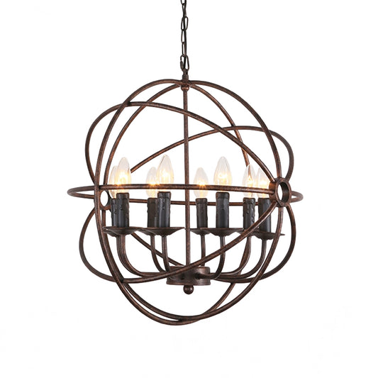 Dark Rust Orb Cage Suspension Light with Candle Design Rustic Stylish Wrought Iron 8 Heads Indoor Chandelier Lamp Clearhalo 'Ceiling Lights' 'Chandeliers' Lighting' options 1400965