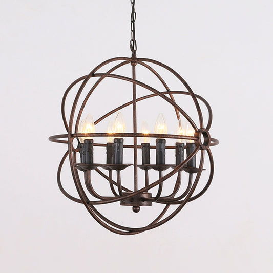Dark Rust Orb Cage Suspension Light with Candle Design Rustic Stylish Wrought Iron 8 Heads Indoor Chandelier Lamp Clearhalo 'Ceiling Lights' 'Chandeliers' Lighting' options 1400966