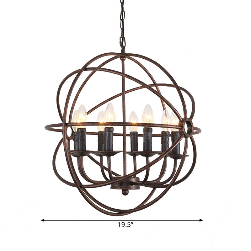 Dark Rust Orb Cage Suspension Light with Candle Design Rustic Stylish Wrought Iron 8 Heads Indoor Chandelier Lamp Clearhalo 'Ceiling Lights' 'Chandeliers' Lighting' options 1400967