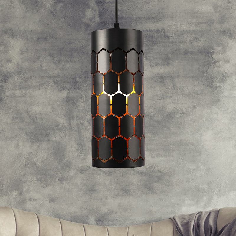 Antique Stylish Etched Cylinder Hanging Light 1 Light Iron Pendant Light in Black Finish for Bar Black 5" Clearhalo 'Ceiling Lights' 'Pendant Lights' 'Pendants' Lighting' 1401133_827927de-b867-4421-91e8-7cec959a1125