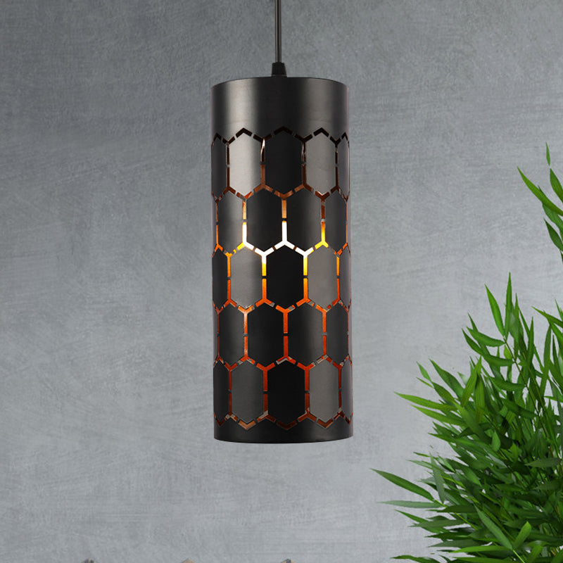 Antique Stylish Etched Cylinder Hanging Light 1 Light Iron Pendant Light in Black Finish for Bar Clearhalo 'Ceiling Lights' 'Pendant Lights' 'Pendants' Lighting' 1401135