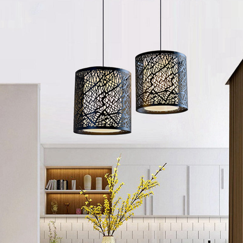 1 Light Drum Pendant Lighting Modern Black Iron Shade Hanging Ceiling Light with Etched Design Clearhalo 'Art Deco Pendants' 'Black' 'Cast Iron' 'Ceiling Lights' 'Ceramic' 'Crystal' 'Industrial Pendants' 'Industrial' 'Metal' 'Middle Century Pendants' 'Pendant Lights' 'Pendants' 'Rustic Pendants' 'Tiffany' Lighting' 1401171
