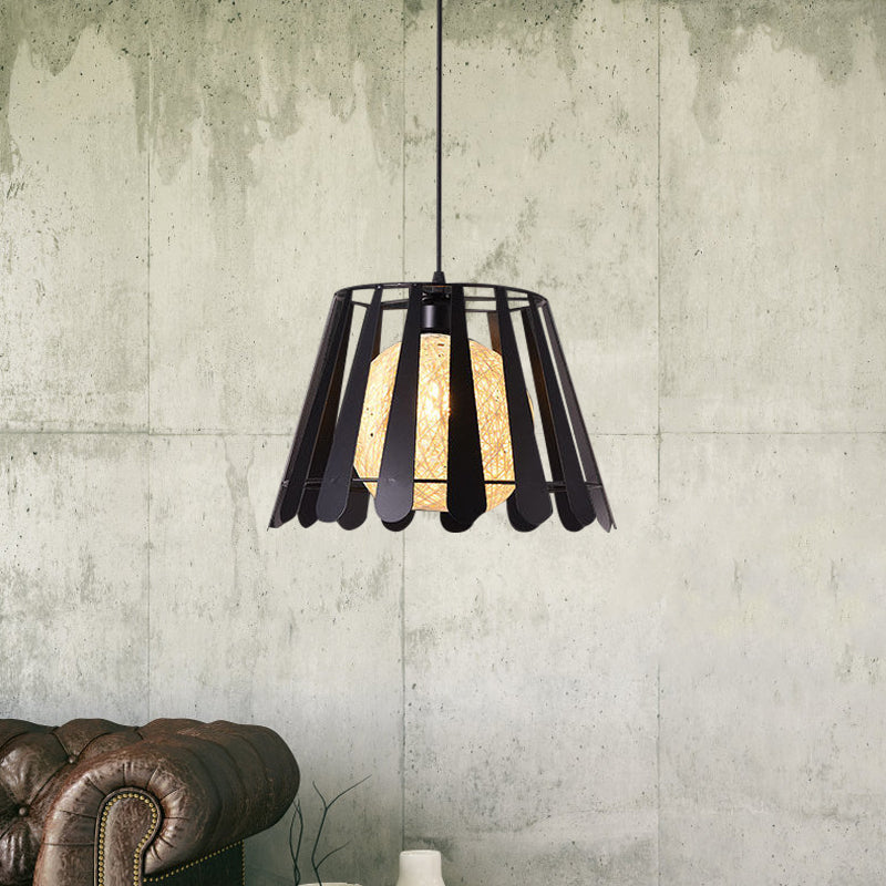 Tapered Cage Kitchen Pendant Light Industrial Metal 1 Light White/Black Hanging Lamp with Rattan Shade Clearhalo 'Ceiling Lights' 'Modern Pendants' 'Modern' 'Pendant Lights' 'Pendants' Lighting' 1401176