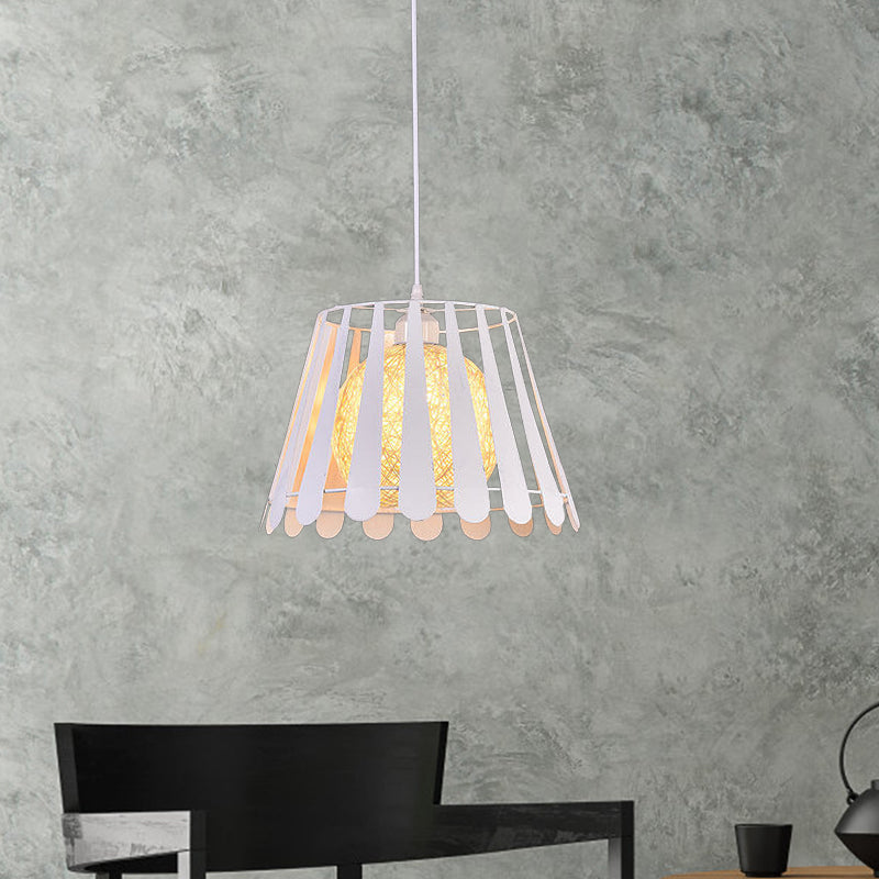 Tapered Cage Kitchen Pendant Light Industrial Metal 1 Light White/Black Hanging Lamp with Rattan Shade Clearhalo 'Ceiling Lights' 'Modern Pendants' 'Modern' 'Pendant Lights' 'Pendants' Lighting' 1401181