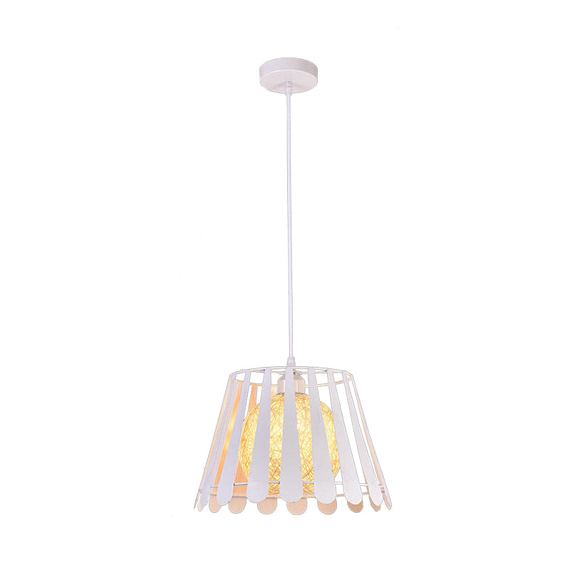 Tapered Cage Kitchen Pendant Light Industrial Metal 1 Light White/Black Hanging Lamp with Rattan Shade Clearhalo 'Ceiling Lights' 'Modern Pendants' 'Modern' 'Pendant Lights' 'Pendants' Lighting' 1401182