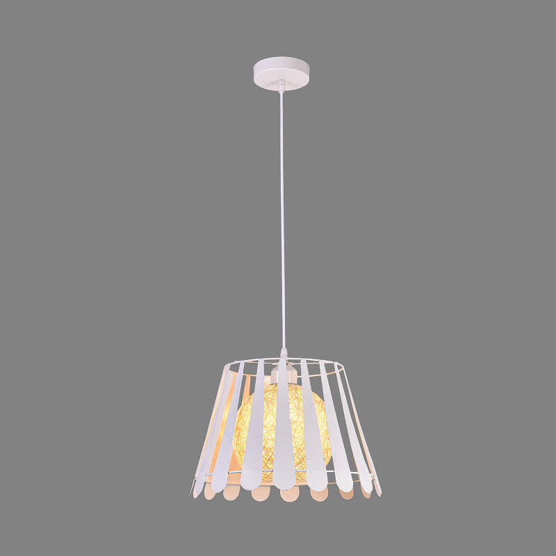 Tapered Cage Kitchen Pendant Light Industrial Metal 1 Light White/Black Hanging Lamp with Rattan Shade Clearhalo 'Ceiling Lights' 'Modern Pendants' 'Modern' 'Pendant Lights' 'Pendants' Lighting' 1401183