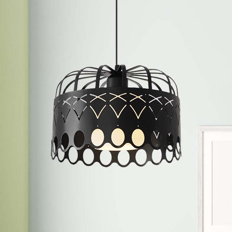 Black Drum Hanging Light Industrial Metal 1 Light Dining Room Pendant Lighting Fixture with Cage Shade Black Clearhalo 'Art Deco Pendants' 'Black' 'Cast Iron' 'Ceiling Lights' 'Ceramic' 'Crystal' 'Industrial Pendants' 'Industrial' 'Metal' 'Middle Century Pendants' 'Pendant Lights' 'Pendants' 'Rustic Pendants' 'Tiffany' Lighting' 1401193