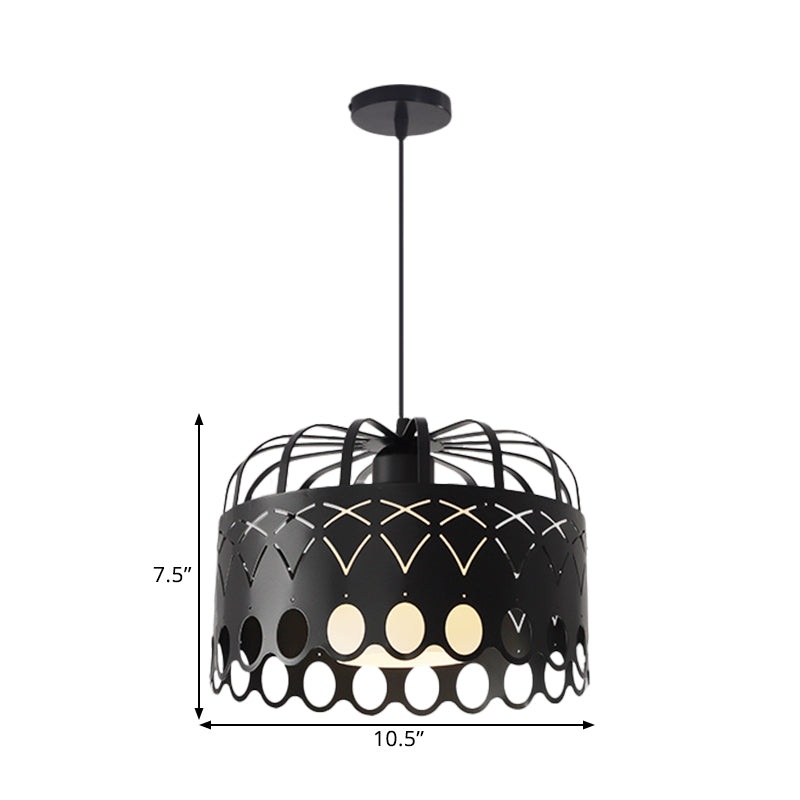 Black Drum Hanging Light Industrial Metal 1 Light Dining Room Pendant Lighting Fixture with Cage Shade Clearhalo 'Art Deco Pendants' 'Black' 'Cast Iron' 'Ceiling Lights' 'Ceramic' 'Crystal' 'Industrial Pendants' 'Industrial' 'Metal' 'Middle Century Pendants' 'Pendant Lights' 'Pendants' 'Rustic Pendants' 'Tiffany' Lighting' 1401197