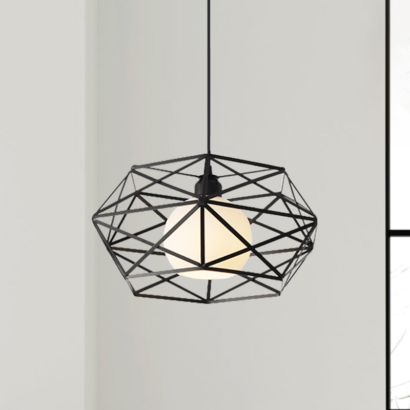 1 Light Hanging Fixture with Geometric Cage Shade Metal Industrial Dining Room Pendant Light in Black/White Black Clearhalo 'Ceiling Lights' 'Modern Pendants' 'Modern' 'Pendant Lights' 'Pendants' Lighting' 1401198