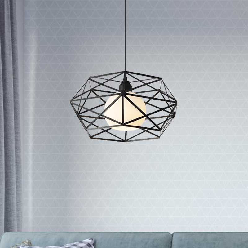 1 Light Hanging Fixture with Geometric Cage Shade Metal Industrial Dining Room Pendant Light in Black/White Clearhalo 'Ceiling Lights' 'Modern Pendants' 'Modern' 'Pendant Lights' 'Pendants' Lighting' 1401199