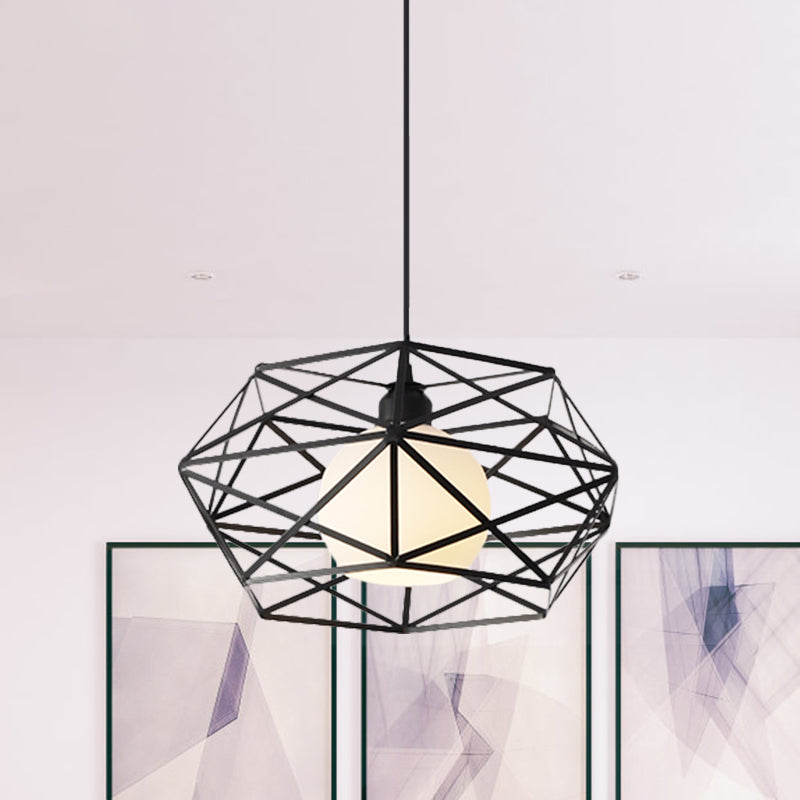 1 Light Hanging Fixture with Geometric Cage Shade Metal Industrial Dining Room Pendant Light in Black/White Clearhalo 'Ceiling Lights' 'Modern Pendants' 'Modern' 'Pendant Lights' 'Pendants' Lighting' 1401200