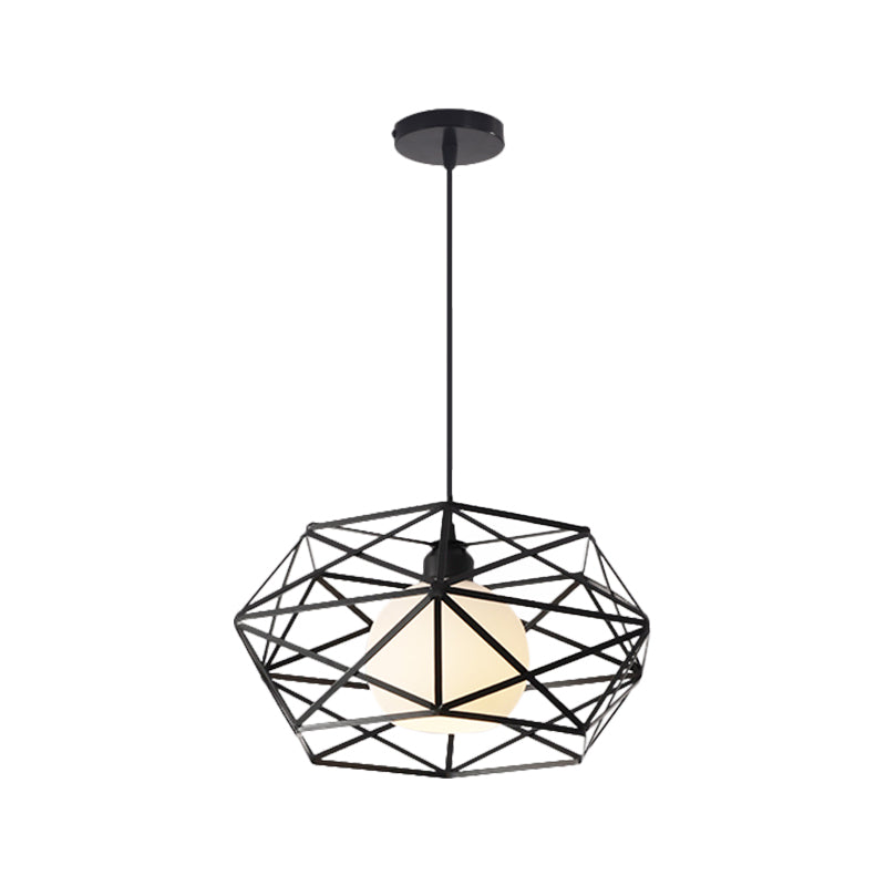 1 Light Hanging Fixture with Geometric Cage Shade Metal Industrial Dining Room Pendant Light in Black/White Clearhalo 'Ceiling Lights' 'Modern Pendants' 'Modern' 'Pendant Lights' 'Pendants' Lighting' 1401201