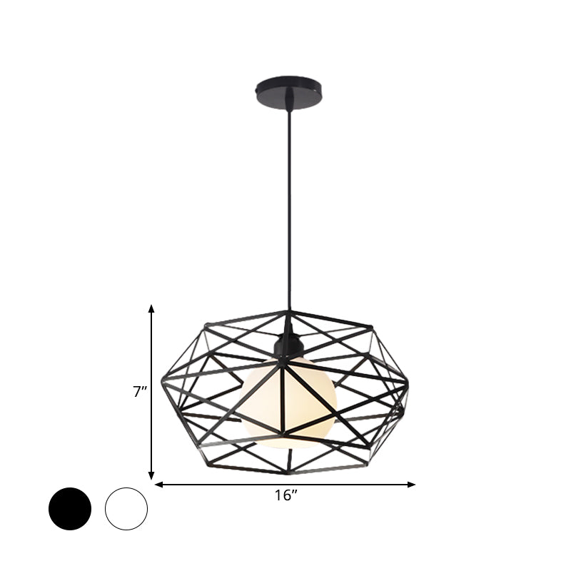 1 Light Hanging Fixture with Geometric Cage Shade Metal Industrial Dining Room Pendant Light in Black/White Clearhalo 'Ceiling Lights' 'Modern Pendants' 'Modern' 'Pendant Lights' 'Pendants' Lighting' 1401202