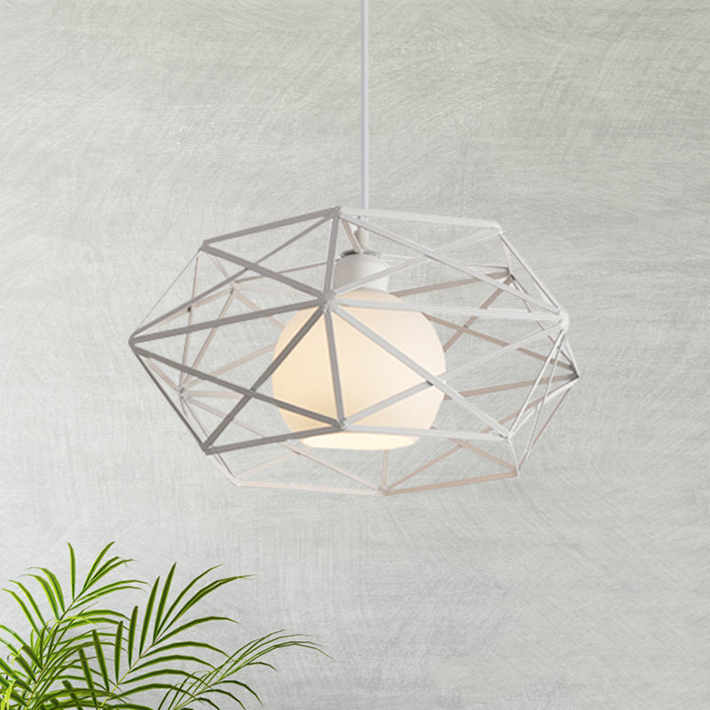 1 Light Hanging Fixture with Geometric Cage Shade Metal Industrial Dining Room Pendant Light in Black/White White Clearhalo 'Ceiling Lights' 'Modern Pendants' 'Modern' 'Pendant Lights' 'Pendants' Lighting' 1401203