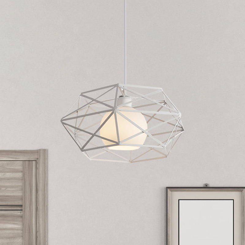 1 Light Hanging Fixture with Geometric Cage Shade Metal Industrial Dining Room Pendant Light in Black/White Clearhalo 'Ceiling Lights' 'Modern Pendants' 'Modern' 'Pendant Lights' 'Pendants' Lighting' 1401204