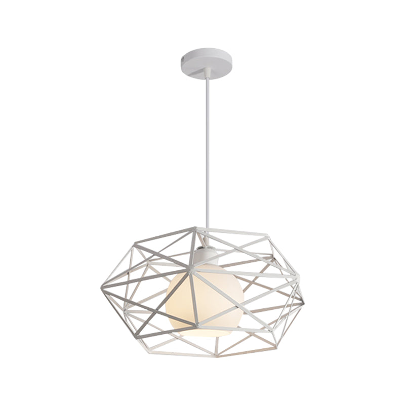 1 Light Hanging Fixture with Geometric Cage Shade Metal Industrial Dining Room Pendant Light in Black/White Clearhalo 'Ceiling Lights' 'Modern Pendants' 'Modern' 'Pendant Lights' 'Pendants' Lighting' 1401205